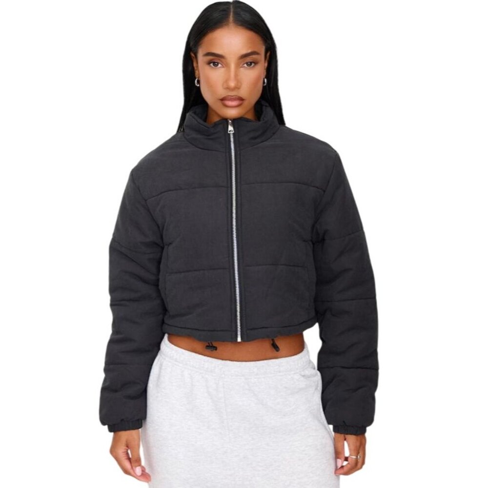 PrettyLittleThing Black Super Cropped Peach Skin Puffer - Size UK 12 (US 8)